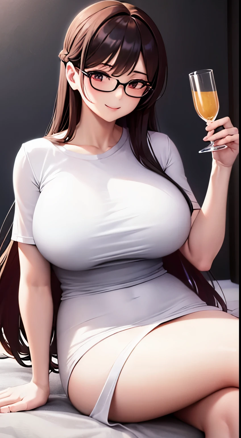 1 milf, long hair, very big breast, very sexy body, smiling, wearing glasses, wearing an oversized white t-shirt, crossing his legs and holding a glass