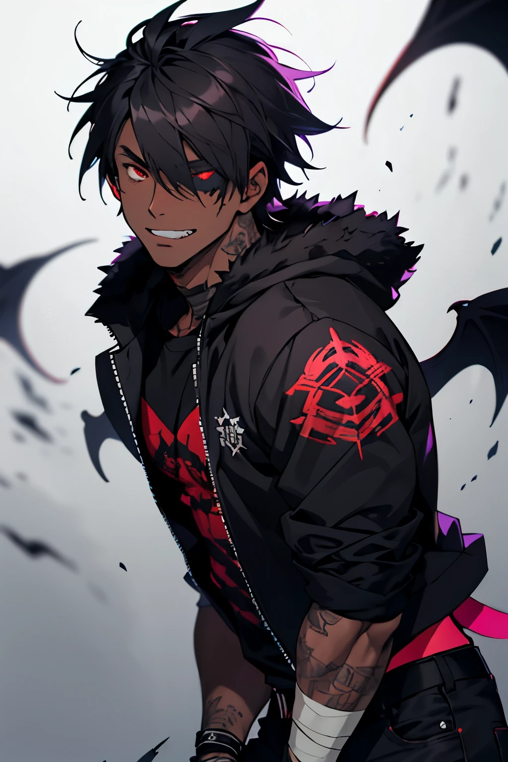 Anime guy with black hair and red eyes and a black jacket - SeaArt AI