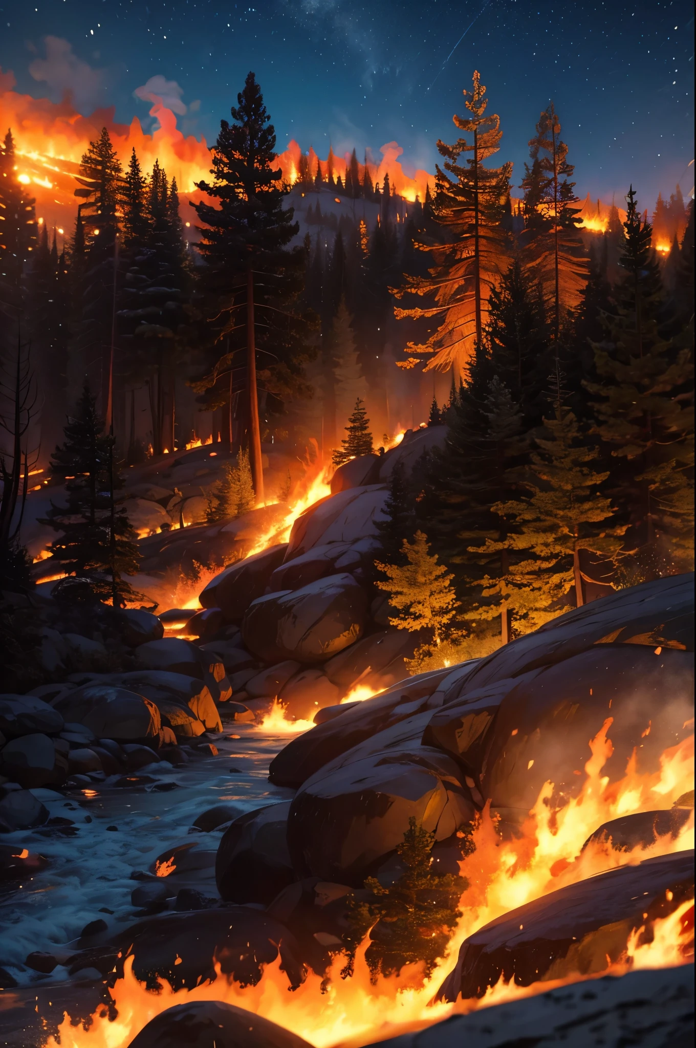 wildfire、firey、loimu、The tree、Burning Tree、fumo、mont、masterpiece、top-quality、超A high resolution、8K、Close-up highly detailed images of wildfires,