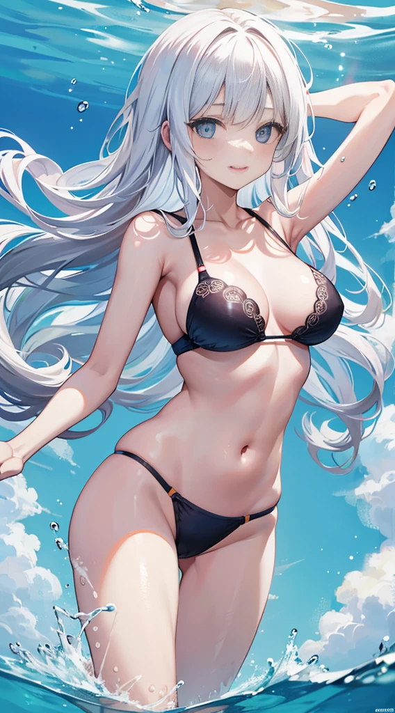 swim wears、The navel is visible、I can see my stomach, view the viewer, Maniacal, messy long hair, Beautiful detailed eyes,Radiant hair,White hair、Dramatic Angle, lively breasts,lightsmile,partial underwater shot...