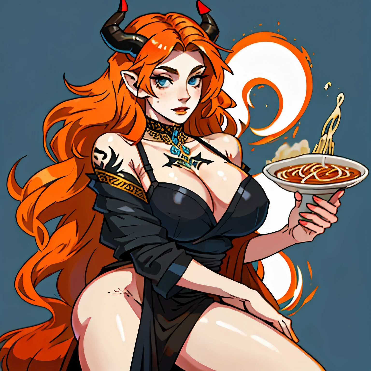 Lady with blue eyes. She’s pale and her hair is straight. She has freckles and porcelain skin. She has massive breasts and she’s skinny with a big ass. She wears a black drape that has spaghetti straps and covers only her breasts and crotch area. She numerous black tattoos that read in foreign languages and symbols. She has large black horns and a devil tail. Her hair is long and loose, a bright orange color. Portrait
