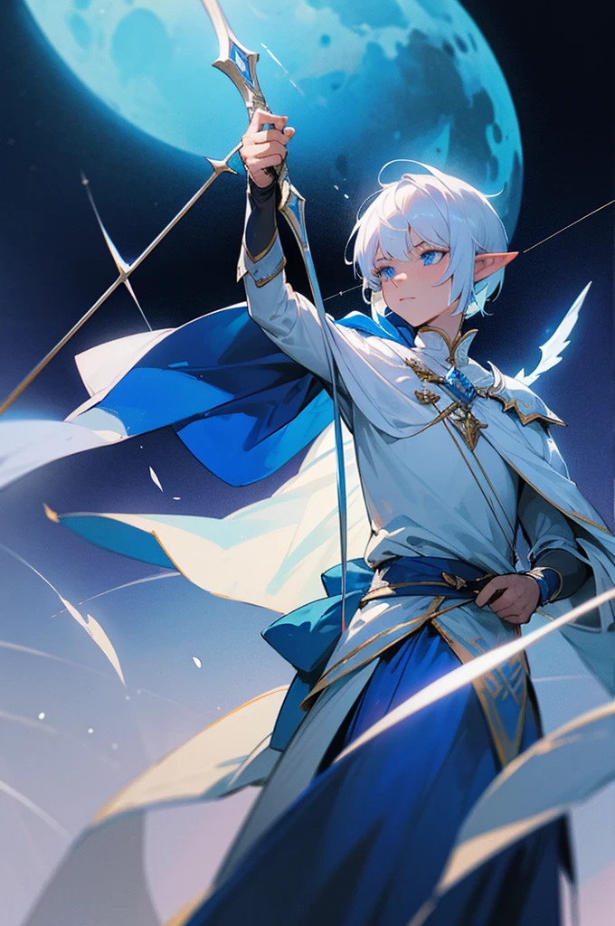 ultra-detailed, pointy ears, white hair, blue eyes, short hair, wearing elfin armor with the color white, wearing a blue cape on the back with a moon design in white on it, holding a bow and arrow in his hand, the cloth It's the moon, a face, ethereal lighting, mystical atmosphere, vibrant colors