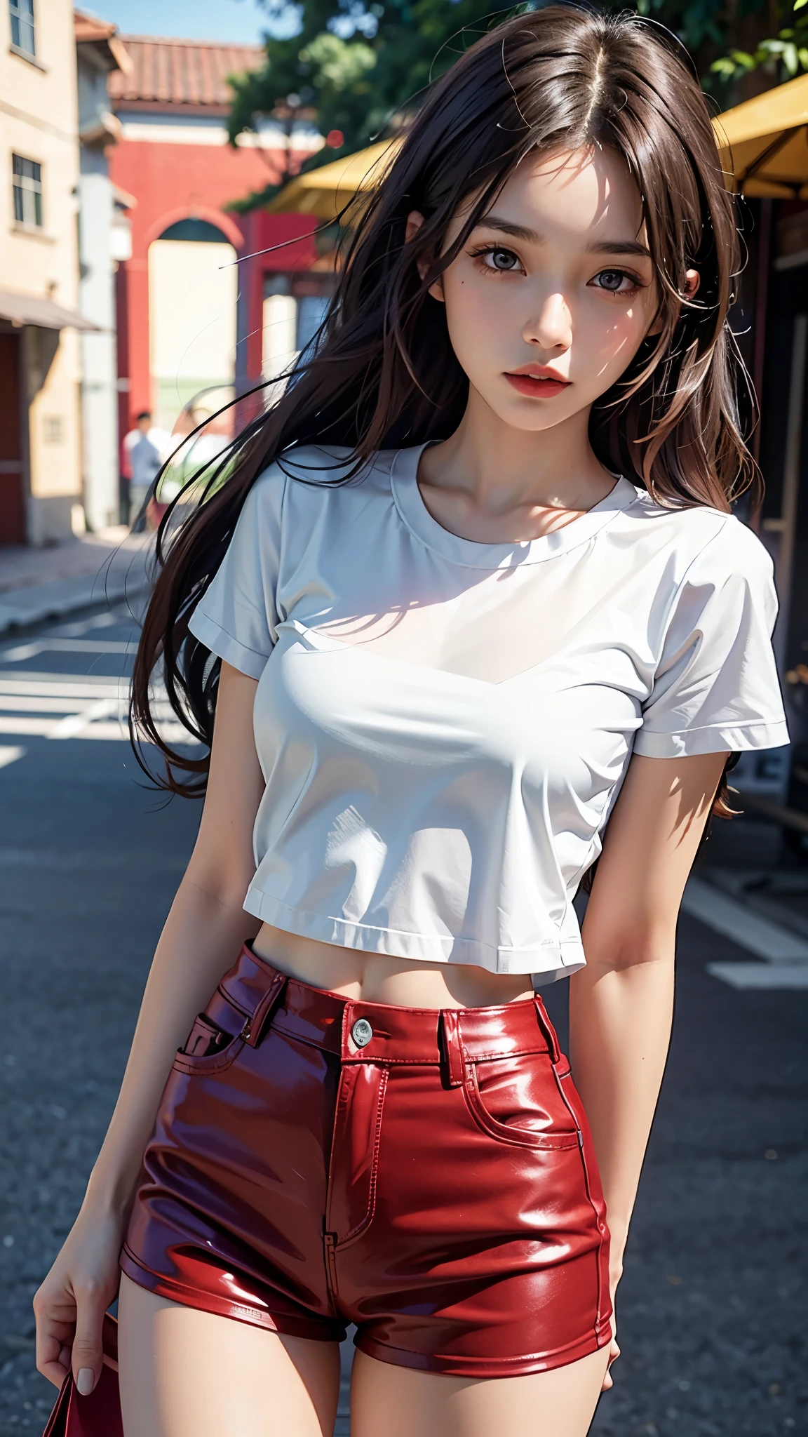 8K, masterpiece, ultra detailed, 1 girl, good face, light skin tone, very long hair, light makeup, glossy lips, small breasts, wearing red loose half t-shirt, red cropped shorts, realistic lighting, sun light, dark shadow, street background,