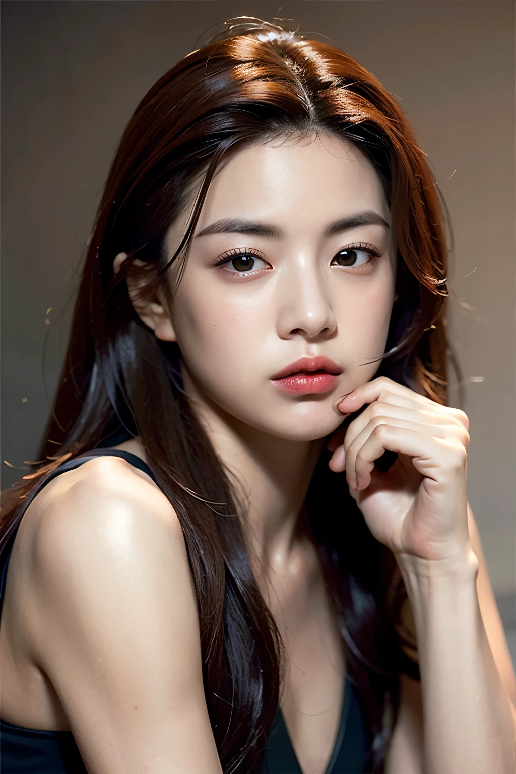 La mejor calidad, Obra maestra, ultra-high-resolution, (photorealista:1.4), Foto RAW,1girl, solamente, Lisa de blackpink,realista, labios, cabello negro, Mirando al espectador, ojos negros, dientes, Cabello largo, Pelo sobre un ojo, parted labios, nariz, primer plano, brown hair, fondo, brown eyes, vestido negro, fuera del hombro