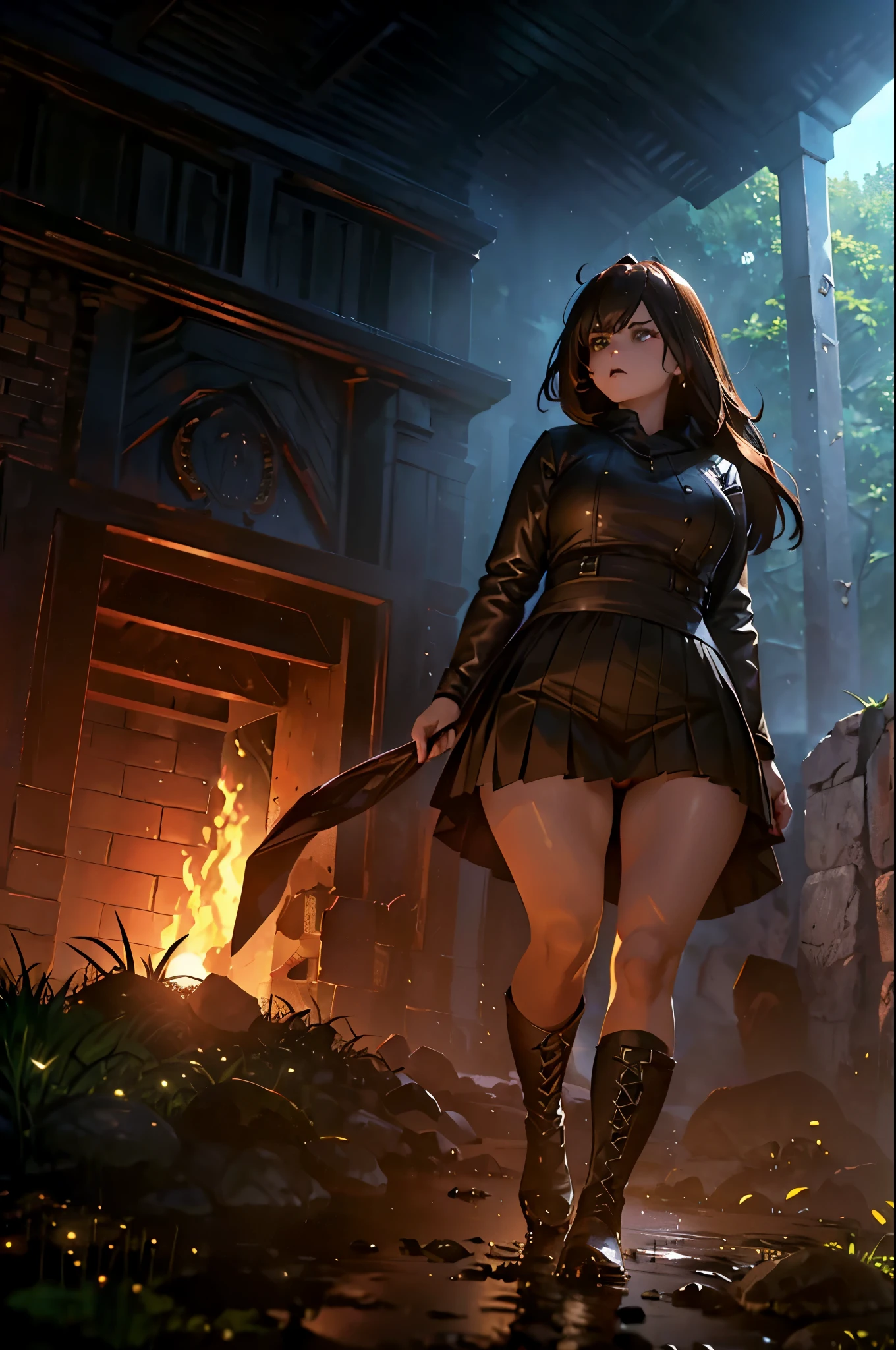 (angry:1.1,thicc:1.1,curvy body:1.1,4 women:1.1,running on the mud,long hair,wearing pleated skirt,wearing black boots,viewed from below,underwear),oil painting,dramatic lighting,realistic,vivid colors,contrasting shadows,brown and earthy tones.