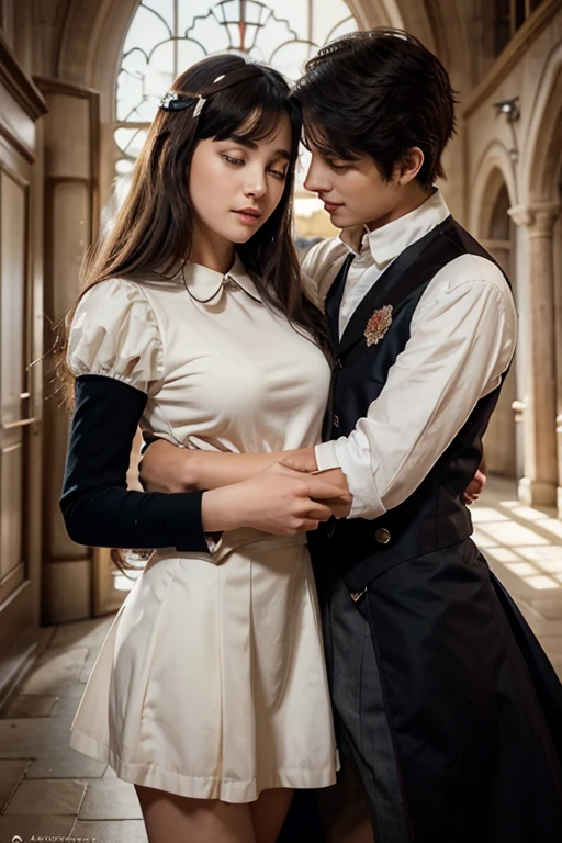 a film poster of a boy embrace his firend a girl hug each other in front of a castle, manhwa, shoujo romance, aristocratic, the flower prince, castle scene manga, delicate androgynous prince, cover manga, steam romance, romance novel cover, bloom. fantasy, sakimichan and frank franzzeta, manga cover, shoujo manga, in school witch uniform, hate to lover, student, boy an girl, love between friends, with uniform, with title "friends shouldn't act this way!",