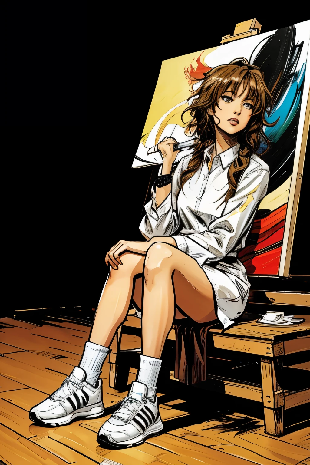 Comic book cover of a female art designer wearing a big baggy essy white shirt and adidas paits with messy hair holding a paint brush and a big canvas behind her with a painting of a dress