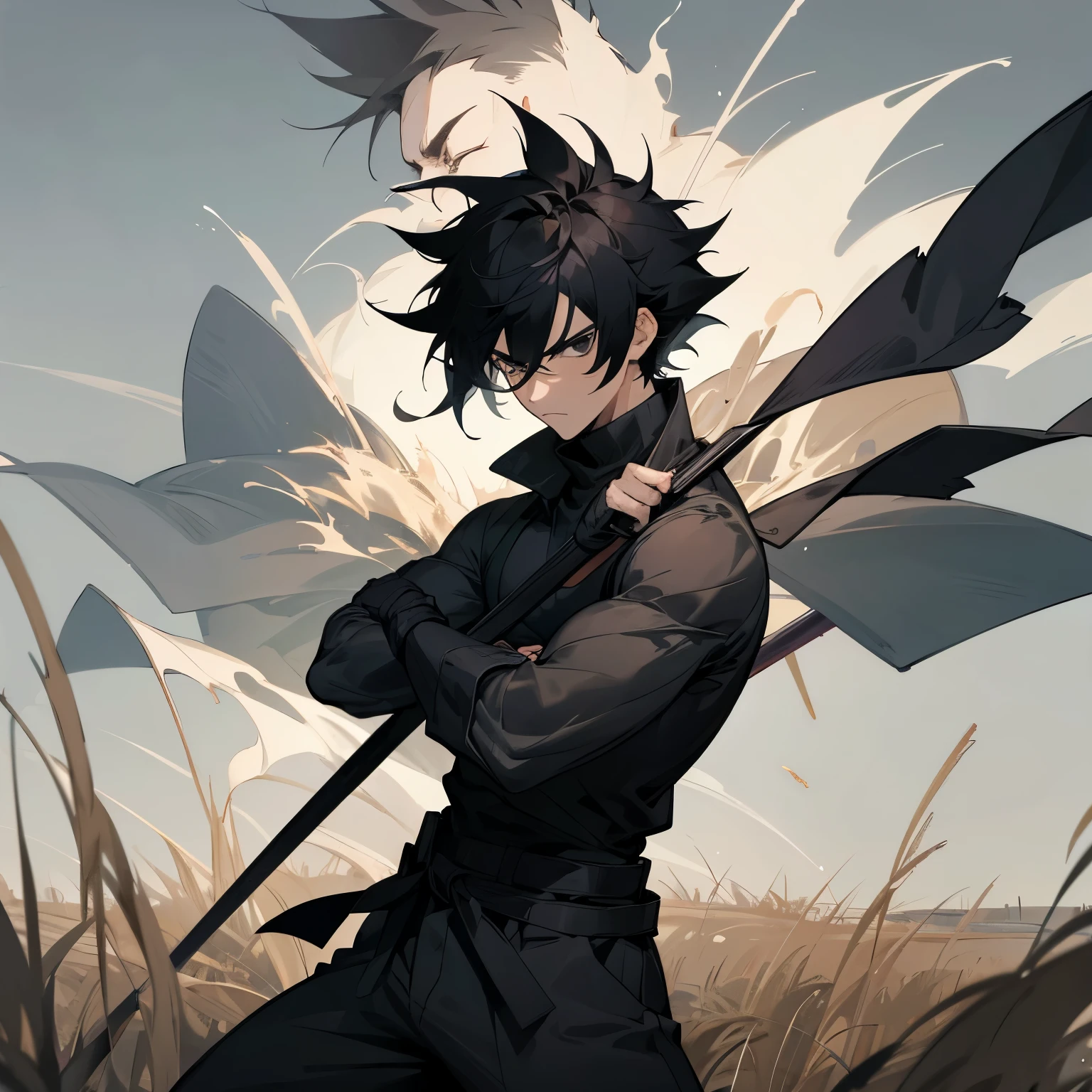 1male , Muscular , Black Hair , Spiky Hair , Messy Hair , Fitted Black Turtleneck Warn Under,Gray Overclothing, Layered Clothing , Baggy Grey Pants, Black Eyes , Serious Expression , Grasslands background , Perfect Generation , Martial Arts Clothing , Strong Pose