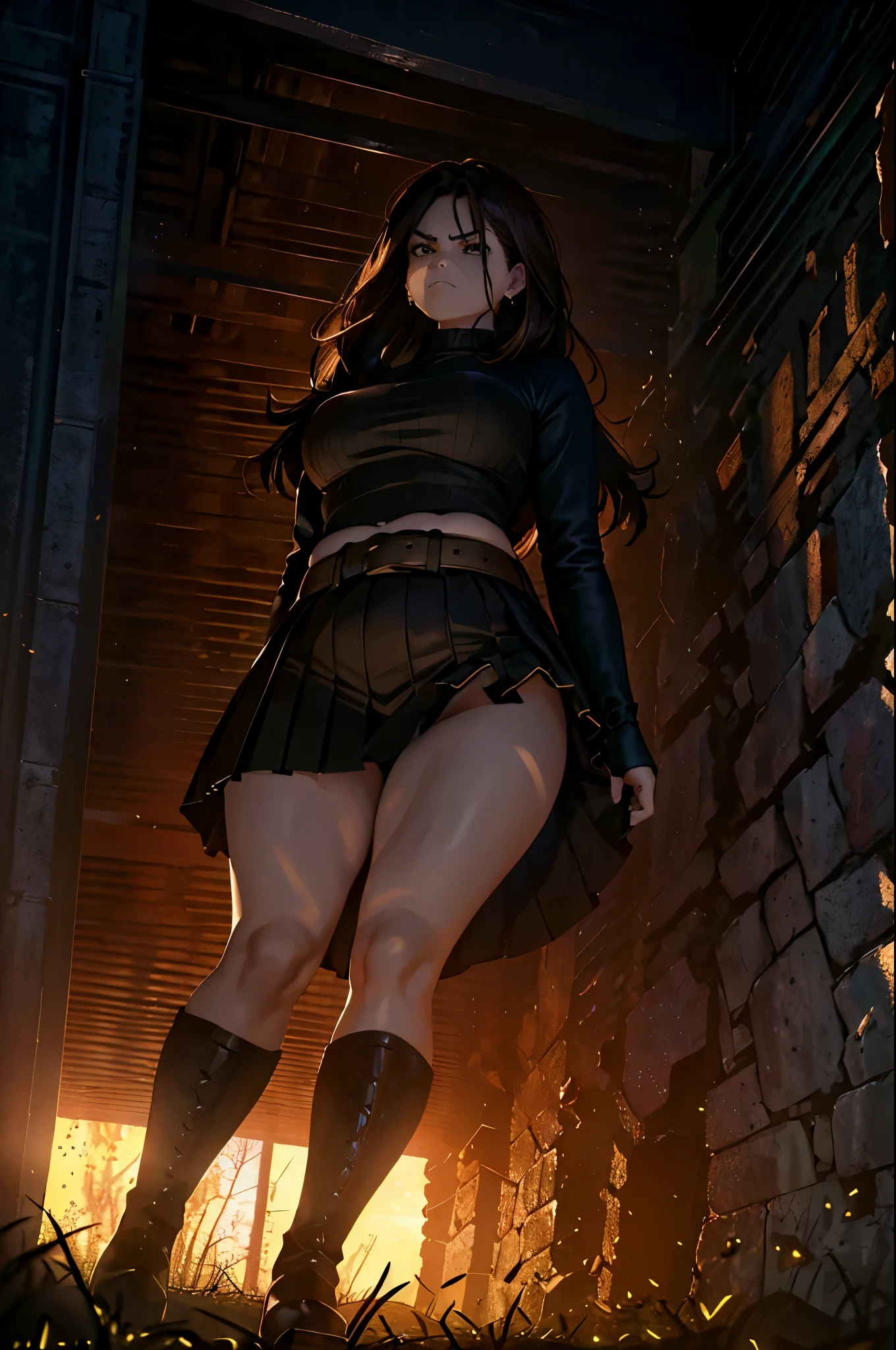 (angry:1.1,thicc:1.1,curvy body:1.1,4 women:1.1,running on the mud,long hair,wearing pleated skirt,wearing black boots,viewed from below,underwear),oil painting,dramatic lighting,realistic,vivid colors,contrasting shadows,brown and earthy tones.