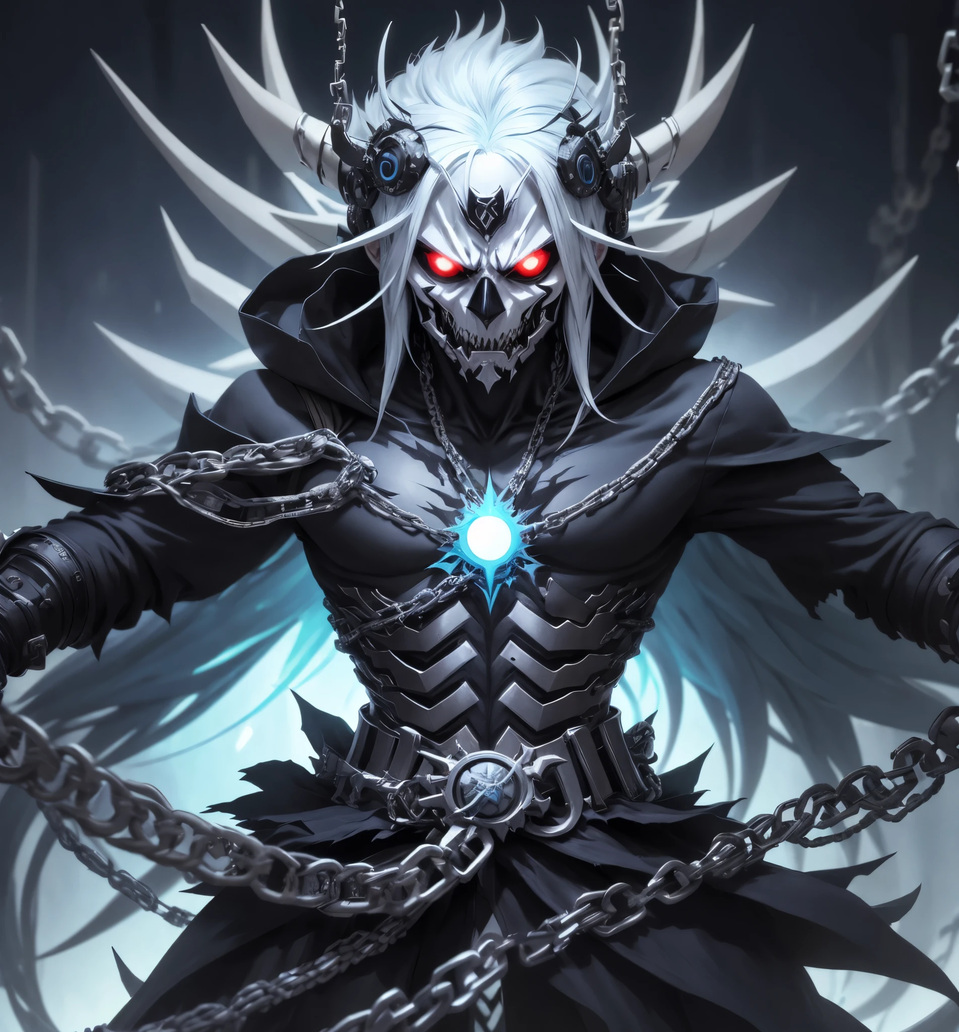 personaje de anime con cadenas y cadenas alrededor del cuello, Badass Anime 8K, Mejor fondo de pantalla de Anime 4K Konachan, epic anime style, esqueleto encadenado, Este personaje tiene crioquinesis, an epic anime of an energy man, chaos nightmare ❄️ amour venom, Trigger anime artstyle, Albedo del anime Overlord, the the man is wrapped in chains