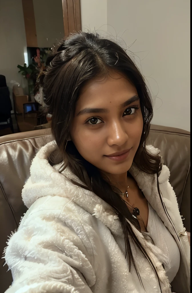 ((self-taken photo)), natural colors, ((selfie photo)), of a 22-year-old Sri Lankan woman named Kasuni, (dark bun hair), dark fair skin, black eyes, feminine features, iPhone, mobile quality, mobile focus, tack smooth, Instagram filter, TikTok filter, detailed face, detailed eyes, oiled skin, profile picture, smiling, ((sitting on a couch, coffee mug on hand)), ((winter outfit with fluffy jacket, ladies jewelry)), natural lighting.