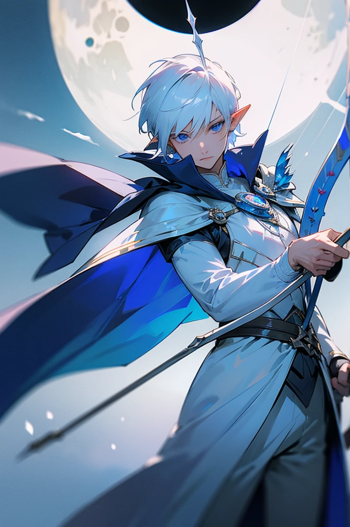 ultra-detailed, pointy ears, white hair, blue eyes, short hair, wears a white outfit, part of this outfit has metal like on the hands and shoulders of his outfit, wears a blue cape on the back with a moon design in white, holding a bow and arrow in his hand, the cloth Is the moon, a face, ethereal lighting, mystical atmosphere, vibrant colors
