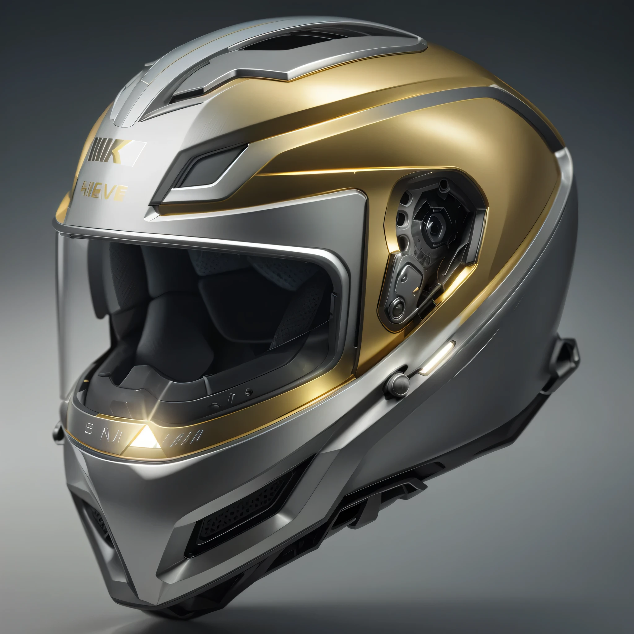 a closeup of a shine and reflective color modern helmet, Golden and Silver Color variations Blue Tech elegant luxury futuristic modern helmet, protective mechanical headgear, stilized hard hat, Intricate and unique Design, Very Detailed, Fine Details, Extremely Sharp Lines, Cinematic Lighting, Realistic Photos, 3D render, A Detailed Masterpiece, creative color palette. four variations
