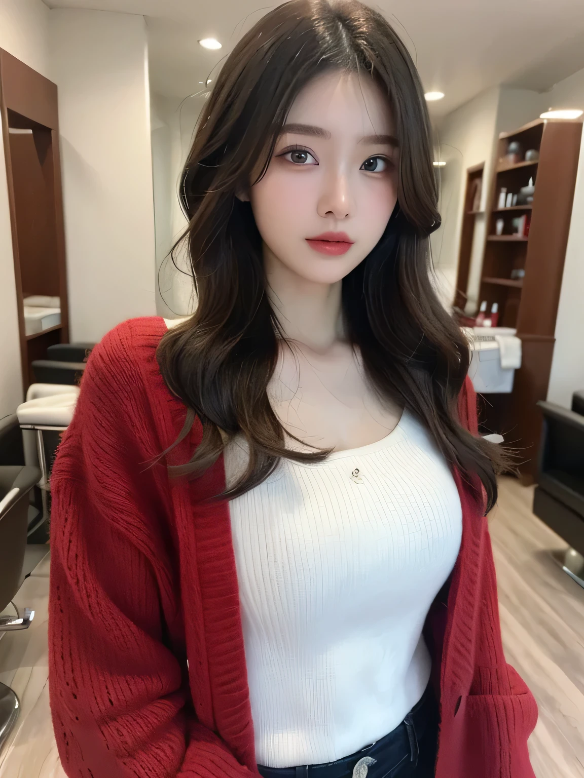 ((top-quality、8K、masuter piece:1.3))、1 female、Beautiful girl emphasizing slender abs:1.3、(Hairstyle Random、:1.2)、Winter clothes、Red cardigan、hyperdetailed face、A detailed eye、Hair length to chest、symmetrical length、「Curly hair、Outer hane、frontage、Stand straight、inside in room、beautiful white beauty salon