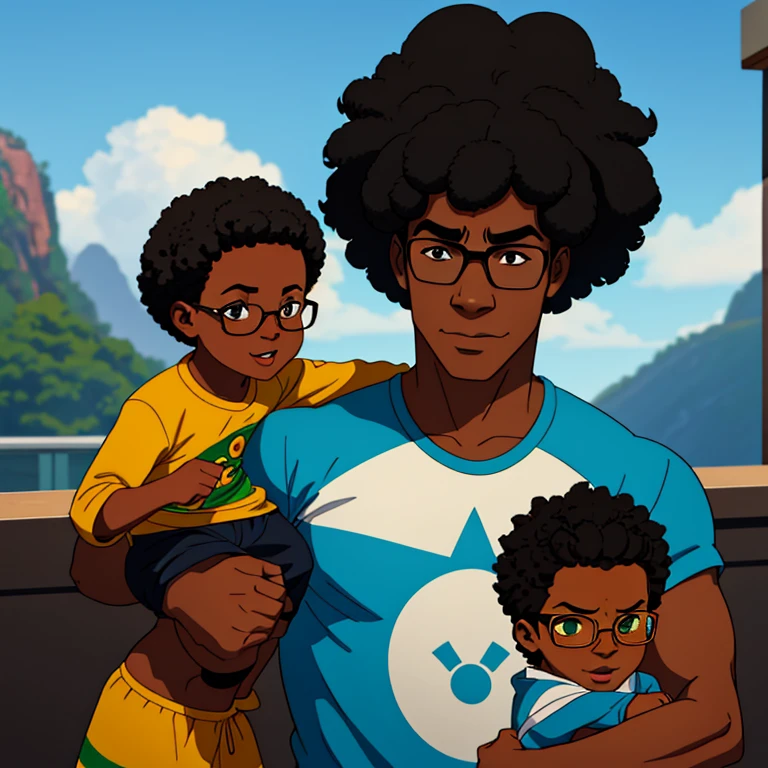 "Create a prompt for a Brazilian character in English: a friendly, 10 to 12-year-old, medium-height, black boy from Rio de Janeiro with a medium-sized afro (black power) hairstyle. He is a geek and gamer, wears glasses, and has a warm and approachable demeanor."