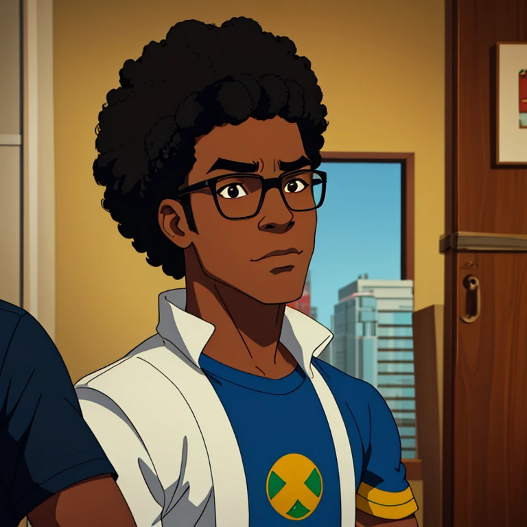 "Create a prompt for a Brazilian character in English: a friendly, 10 to 12-year-old, medium-height, black boy from Rio de Janeiro with a medium-sized afro (black power) hairstyle. He is a geek and gamer, wears glasses, and has a warm and approachable demeanor."