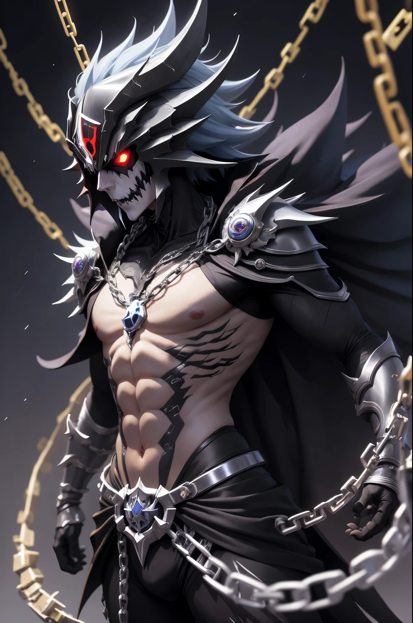 personaje de anime con cadenas y cadenas alrededor del cuello, Badass Anime 8K, Mejor fondo de pantalla de Anime 4K Konachan, epic anime style, esqueleto encadenado, Este personaje tiene crioquinesis, an epic anime of an energy man, chaos nightmare ❄️ amour venom, Trigger anime artstyle, Albedo del anime Overlord, the the man is wrapped in chains