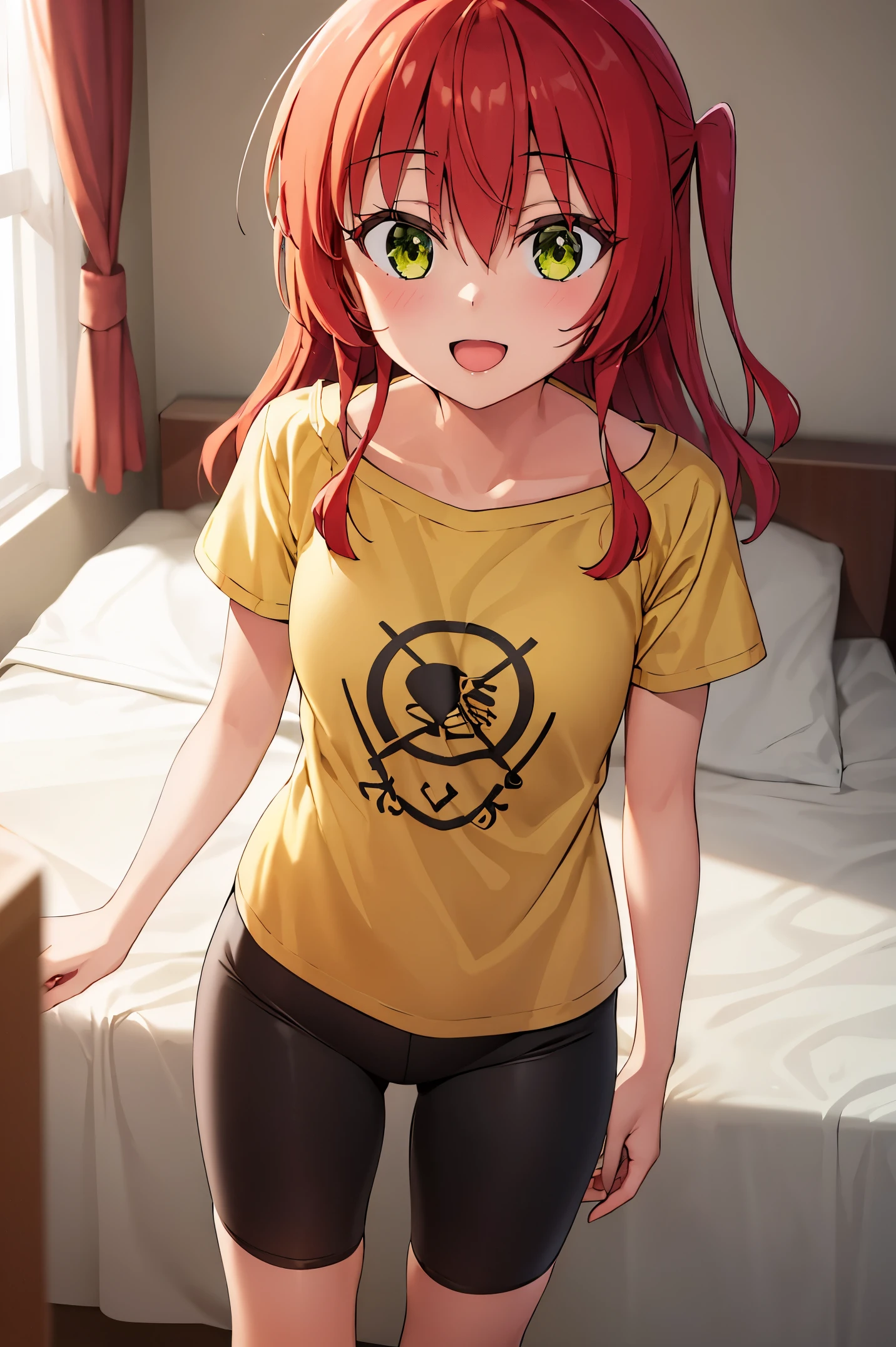 1 girl, best quality, ultra high res, long hair, red hair, green eyes, looking at viewers, small breast, standing, pov, slim body, body, small body, smile, open mouth, t-shirt, yellow shirt, short sleeves, bike shorts, bedroom, white bed sheets,
