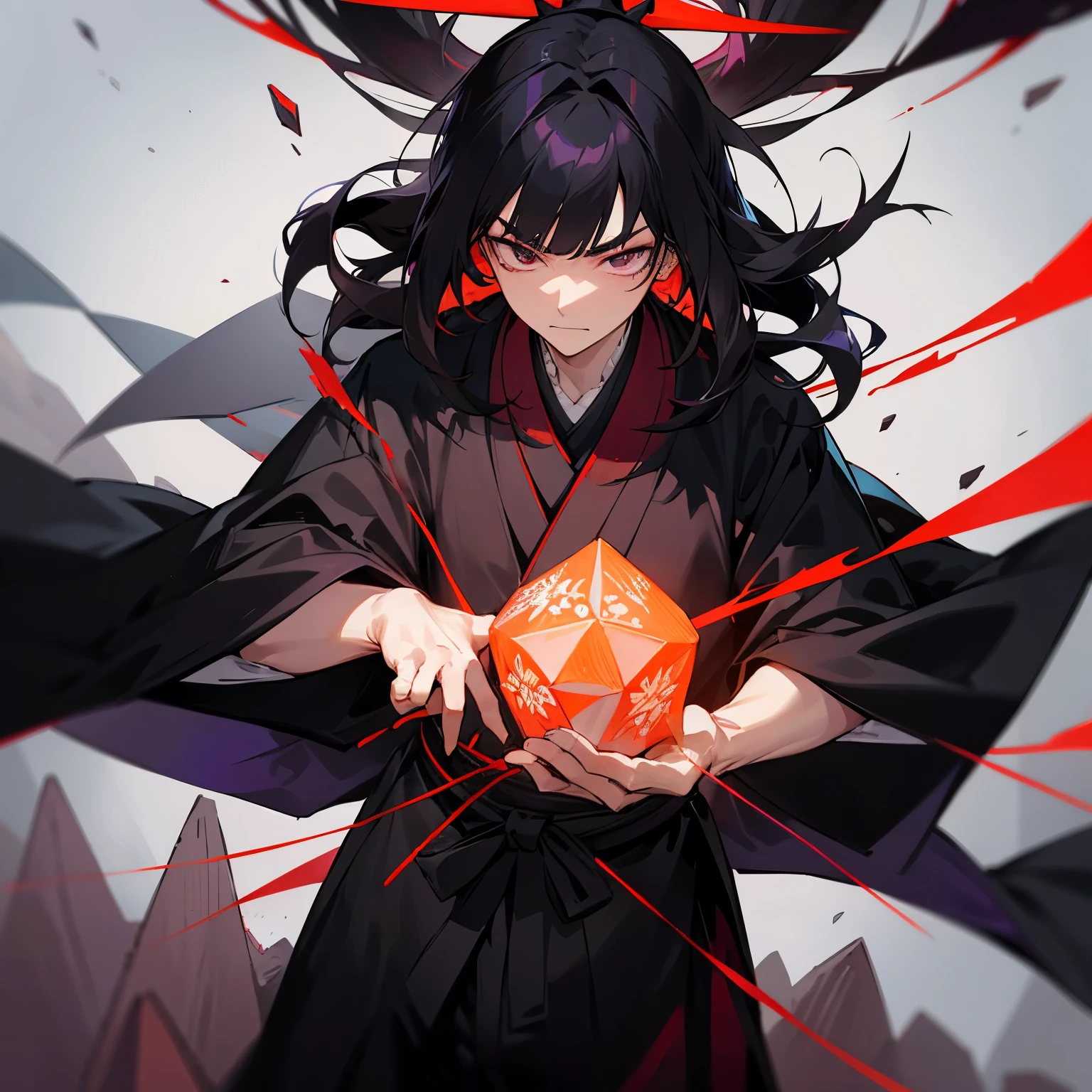 long, spiky black hair with red tips with two chin-length bangs. He wears a purple-and-black hexagonal patterned nagagi kimono and black umanori-styled hakama pants tied with a white uwa-obi. Over this, he wears a black cloak similar in appearance to a cape with protruding collars.