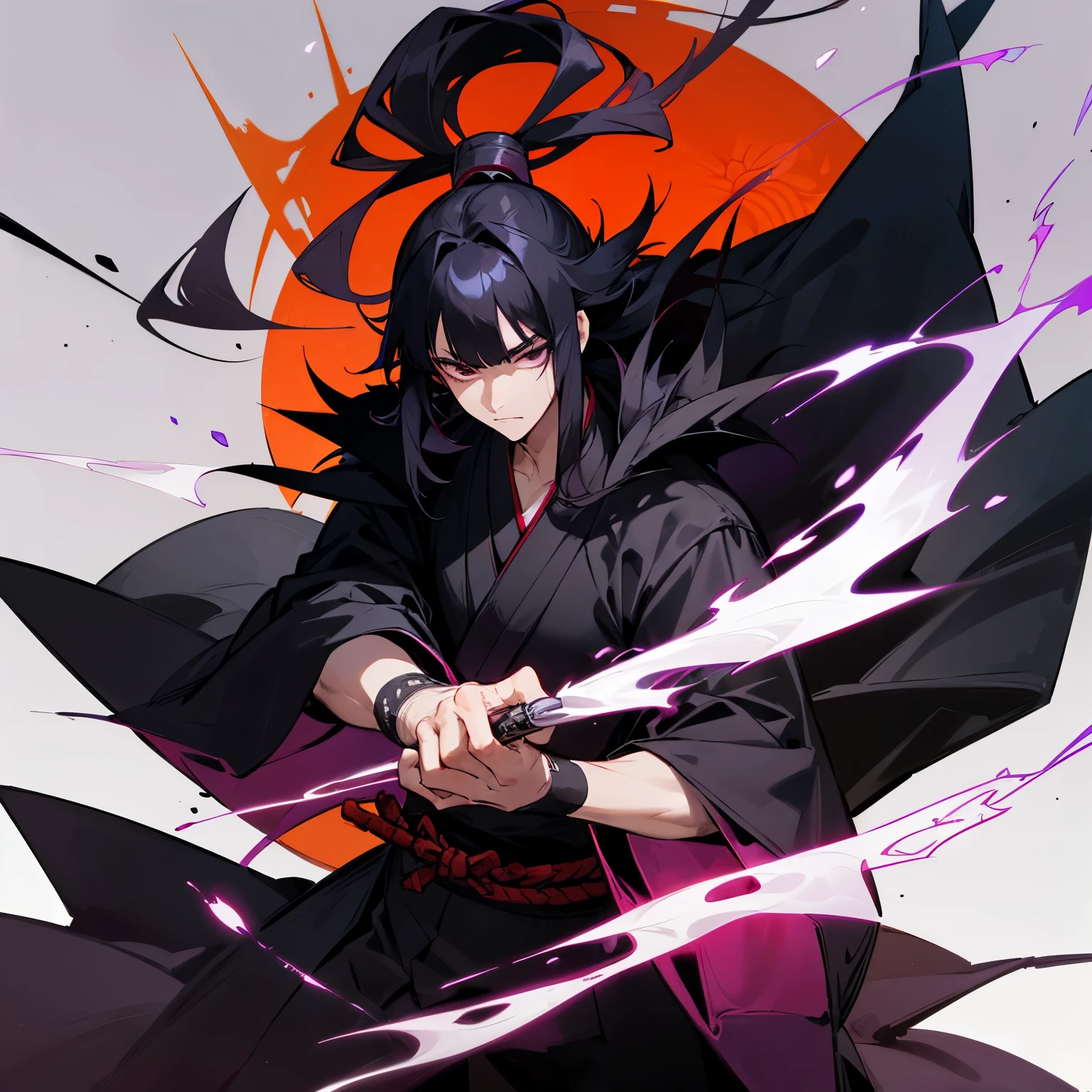 long, spiky black hair with red tips with two chin-length bangs. He wears a purple-and-black hexagonal patterned nagagi kimono and black umanori-styled hakama pants tied with a white uwa-obi. Over this, he wears a black cloak similar in appearance to a cape with protruding collars.