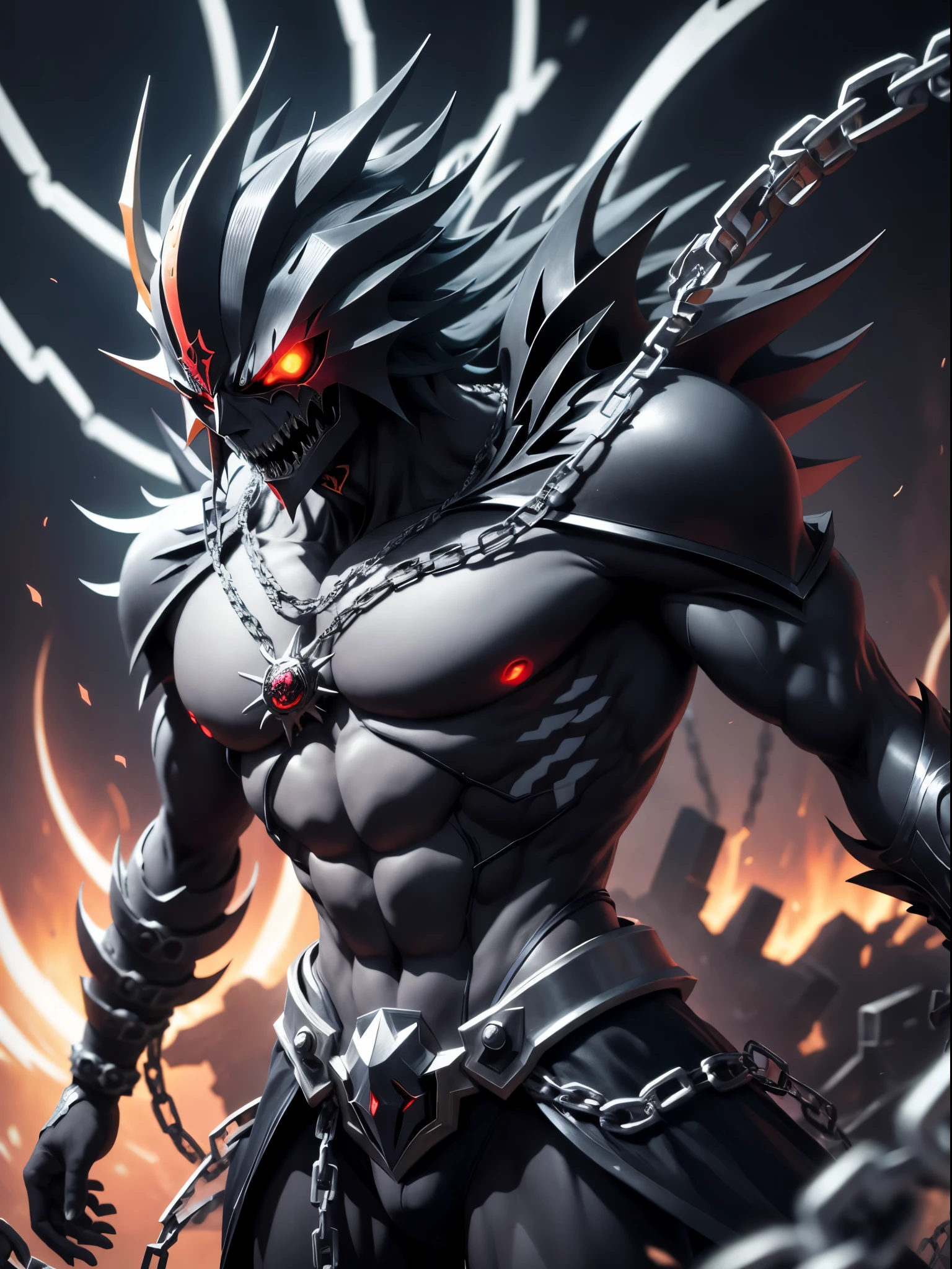 personaje de anime con cadenas y cadenas alrededor del cuello, Badass Anime 8K, Mejor fondo de pantalla de Anime 4K Konachan, epic anime style, esqueleto encadenado, Este personaje tiene crioquinesis, an epic anime of an energy man, chaos nightmare ❄️ amour venom, Trigger anime artstyle, Albedo del anime Overlord, the the man is wrapped in chains