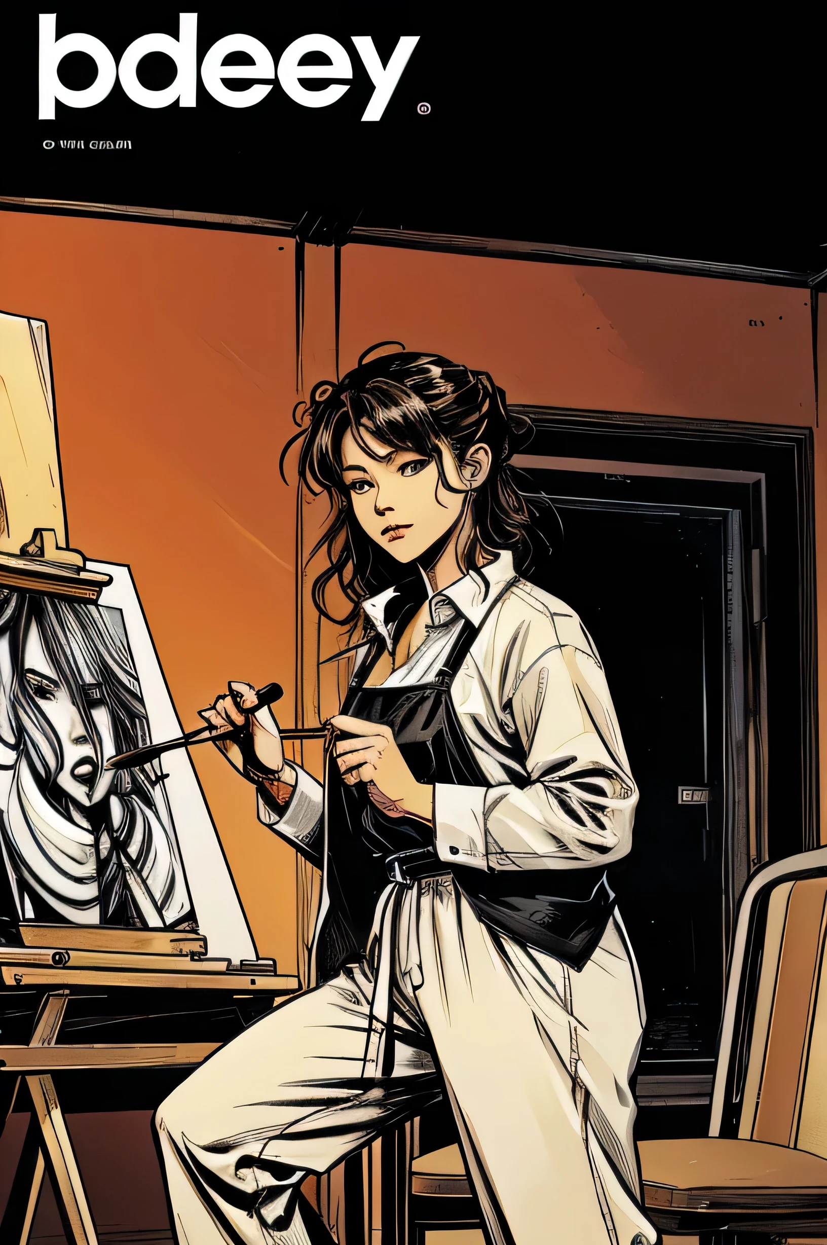Comic book cover of a female art designer wearing a big baggy essy white shirt and black adidas pants with messy hair holding a paint brush and painting a portal on a big canvas