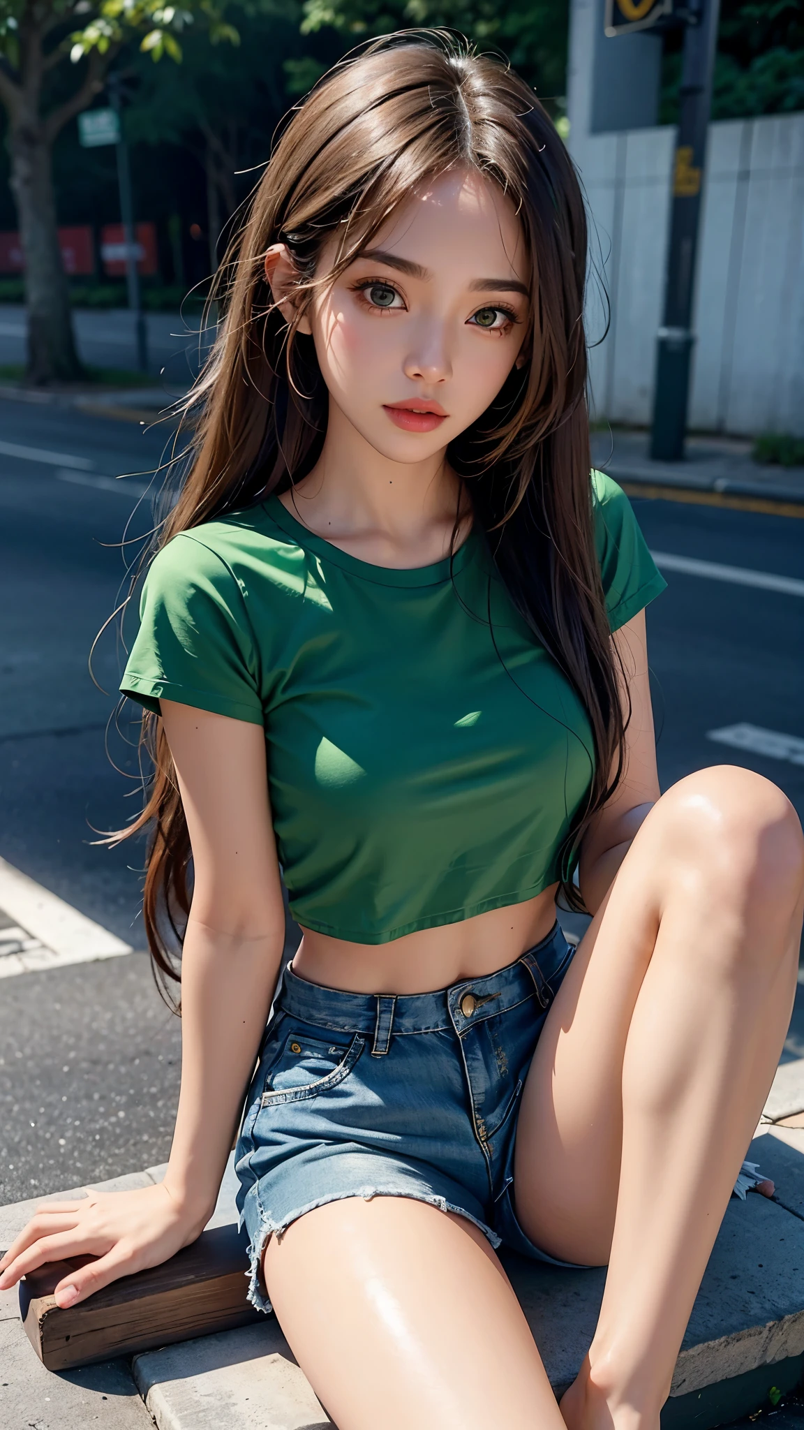 8K, masterpiece, ultra detailed, 1 girl, good face, light skin tone, very long hair, light makeup, glossy lips, small breasts, wearing green loose half t-shirt, green. cropped shorts, realistic lighting, sun light, dark shadow, street background, sitting,