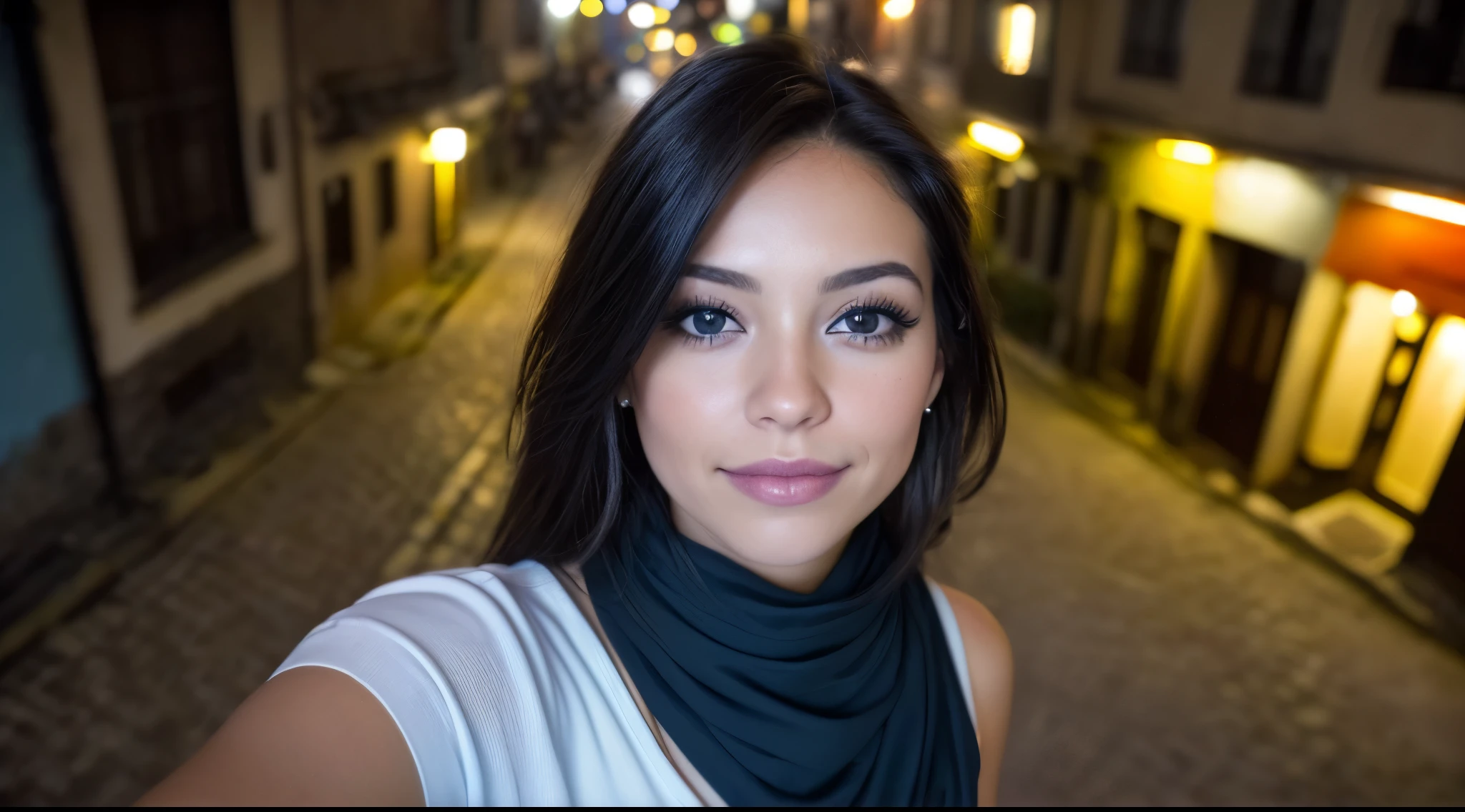 (Foto selfie, desde arriba:1.4), (postrait medio cuerpo:1.4), RAW uhd portrait photo of a 24 year old blonde (Mujer de ojos azules) walking down a dark alleyway, pecho natural, Antecedentes nocturnos de la ciudad, (Vestido de sol azul), (escote), Detallado (Texturas!, cabello!, brillar, Color!!, Imperfecciones:1.1), Ojos brillantes altamente detallados, (Looking at the camera), specular lighting, DSLR, Calidad Ultra, foco nítido, Tachuela afilada, DOF, Film grain, (centrado), Fujifilm XT3, Cristalina, Centro del marco, cara linda, foco nítido, farola, Neon lights, Bokeh, (Poca luz), discreto, Por la noche, (cielo nocturno) poros detallados de la piel, piel grasa, tan, Detalles intrincados de los ojos