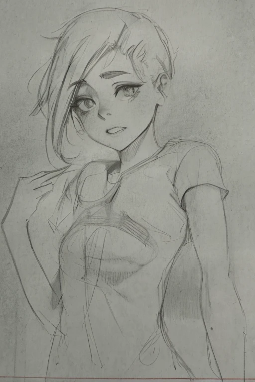 dibujo de una mujer con el pelo corto y una camisa, boceto de anime, loose pencil sketch, girl sketch, Boceto antiguo, portrait of an Chica anime, Boceto mate, 🤤 girl portrait, Boceto aproximado, Bosquejado, portrait of Chica anime, Un dibujo de anime, Chica anime, Estilo anime semirealista, sin sombreado, art sketch, Un dibujo manga, a pencil sketch
