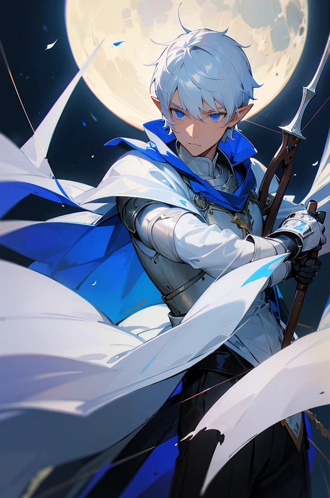 ultra-detailed, pointy ears, white hair, blue eyes, short hair, wears iron armor on his chest, iron gloves, on his sleeves he uses a white fabric, on his back he already wears white clothing , wears a blue cape on his back with a moon design in white, the cape covers the armor on his shoulders, holding a bow and arrow in his hand, the cloth IS the moon, a face, ethereal lighting, mystical atmosphere, vibrant colors