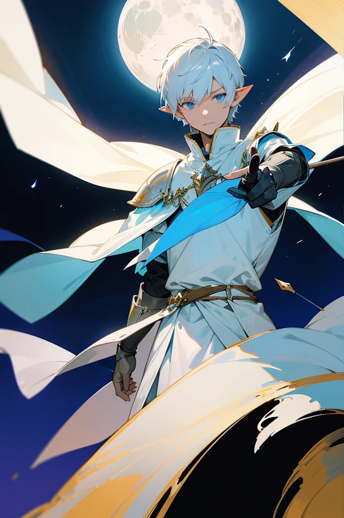 ultra-detailed, pointy ears, white hair, blue eyes, short hair, wears iron armor on his chest, iron gloves, on his sleeves he uses a white fabric, on his back he already wears white clothing , wears a blue cape on his back with a moon design in white, the cape covers the armor on his shoulders, holding a bow and arrow in his hand, the cloth IS the moon, a face, ethereal lighting, mystical atmosphere, vibrant colors