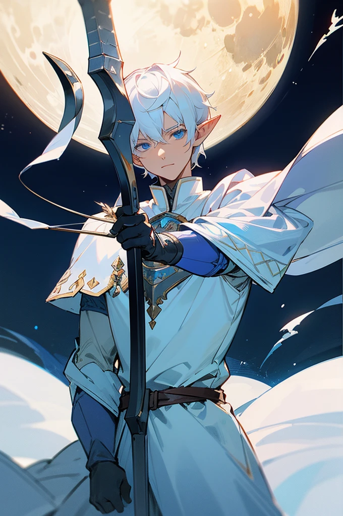 ultra-detailed, pointy ears, white hair, blue eyes, short hair, wears iron armor on his chest, iron gloves, on his sleeves he uses a white fabric, on his back he already wears white clothing , wears a blue cape on his back with a moon design in white, the cape covers the armor on his shoulders, holding a bow and arrow in his hand, the cloth IS the moon, a face, ethereal lighting, mystical atmosphere, vibrant colors