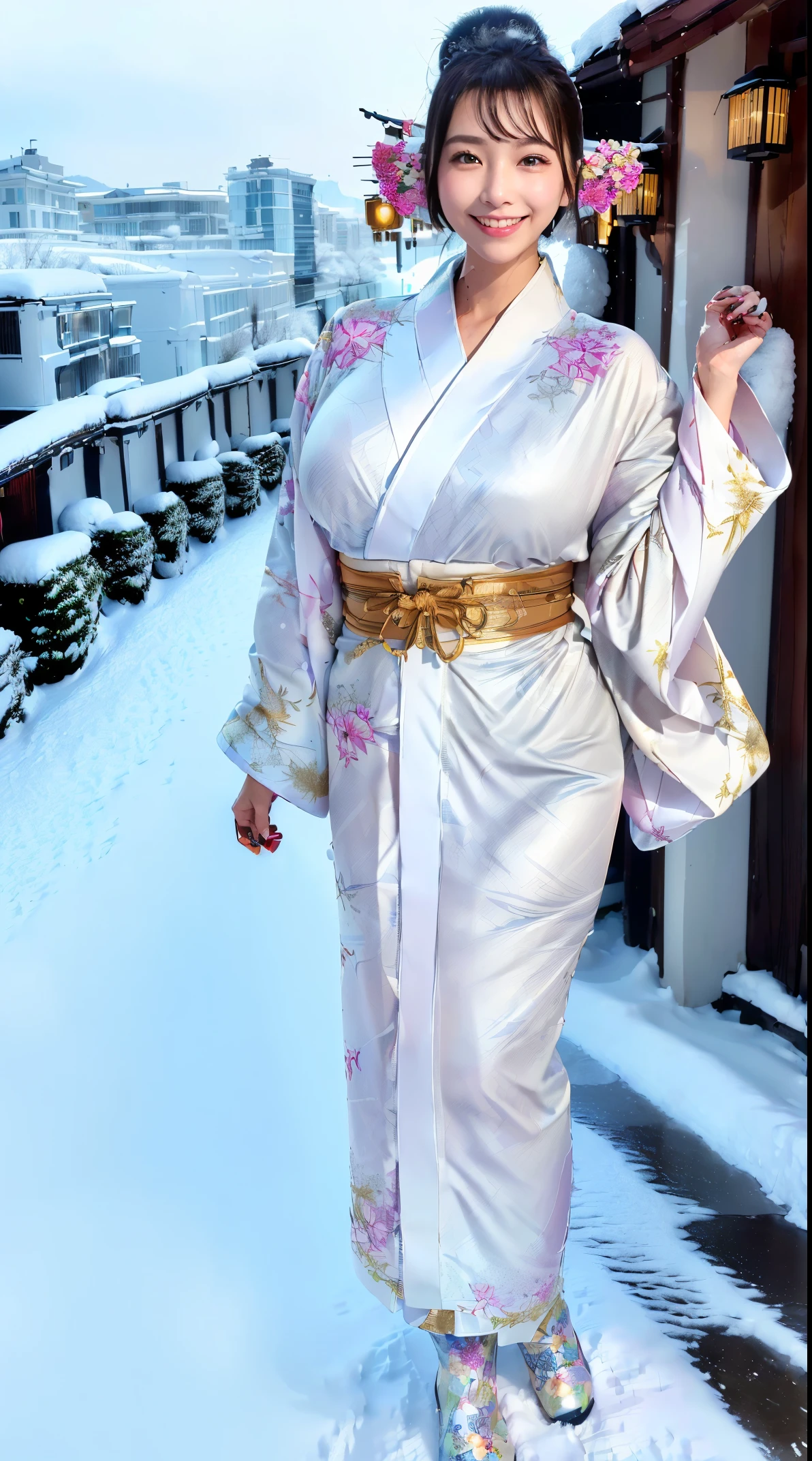 (in 8K、超A high resolution、Best Quality、masuter piece、Photorealsitic、The ultra -The high-definition)、(Colossal tits、(Always carries a long-sleeved kimono with a flashy pattern:1.35)(I always walk around town when it snows:1.23)A Japanese Lady、Cute smile、Short boots