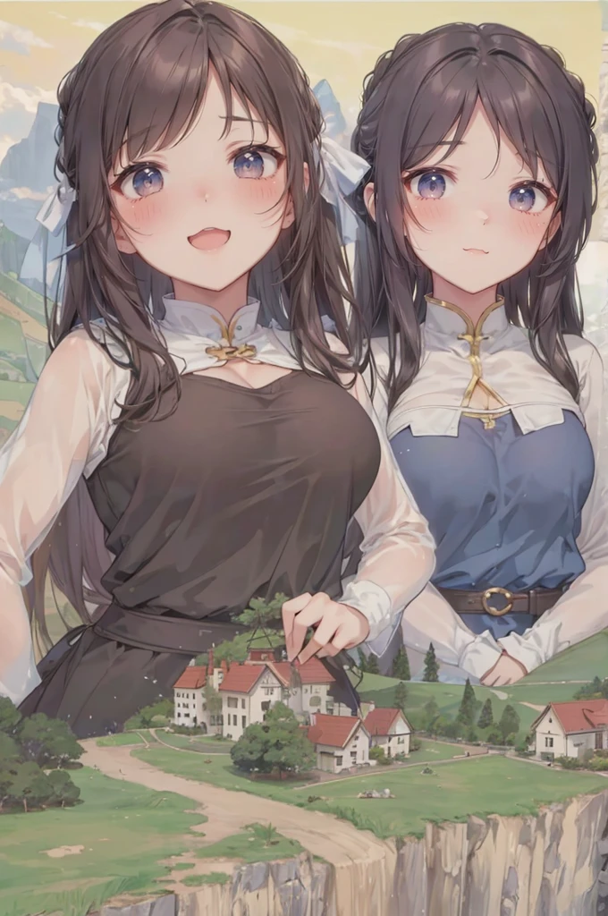 (tiny villages from sky view), hills, cliffs, (from sky view: 1.3), mountains, simple background, (2girls:1.4), (height_difference:1.5), (size_difference:1.5), (giantess:1.3), (adult woman: 1.4), (girl rear view on a cliff below the breasts of a giantess girl: 1.4), (rear_end:1.3), (tall girl: 1.1), professionally drawn, (huge breasts), (cleavage sweat), (anime drawing:1.1), (simple bold lines: 1.1), (anime:1.1), (very cute anime girl), (bright), (low contrast), (prettiest teenage girl), (mature face: 1.4), (tall girl with big breasts: 1.2), :D