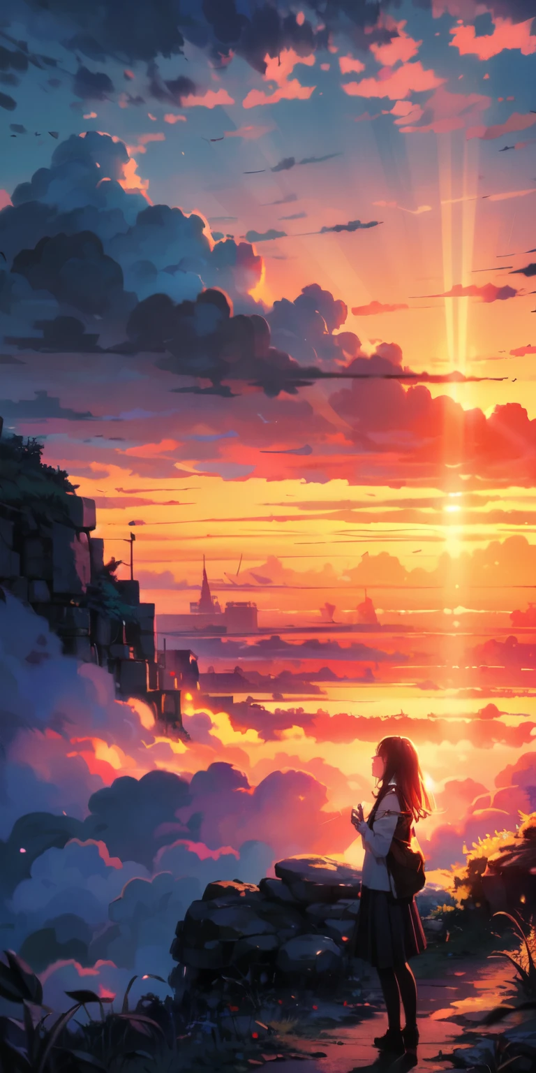 "A mesmerizing sunset scene with a girl mesmerized by the majestic golden rays of sunlight and clouds, creating an awe-inspiring and vivid color palette. Masterpiece."