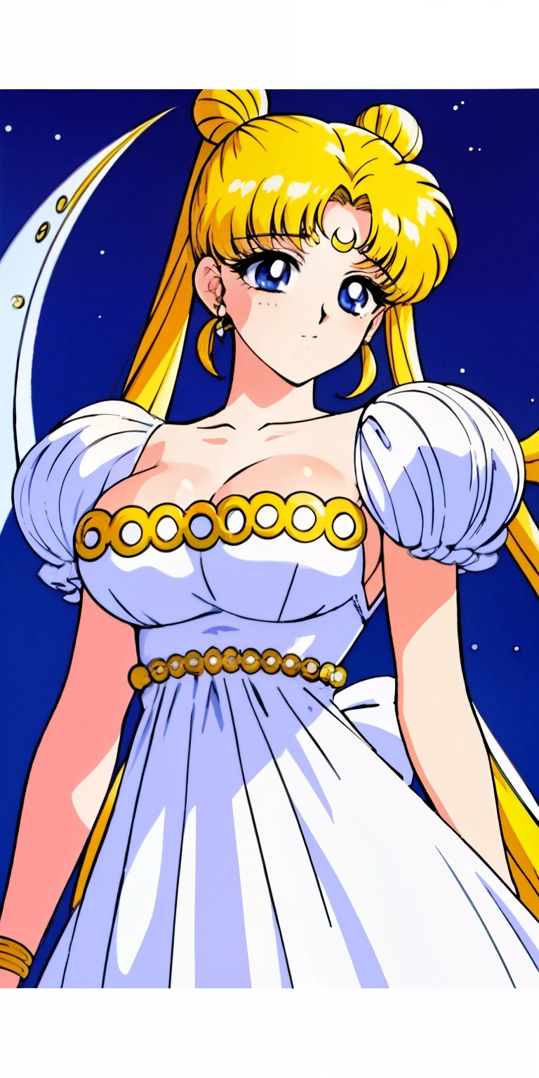 SMU Sagitsukino, 큰pectorals, Standing, Solo, Masterpiece, Best Quality, Detailed face, Detailed Eyes, high resolucion, Masterpiece, Best Quality, Detailed face, Detailed Eyes, high resolucion, Princess costume,tranquility,프린세스tranquility,네오퀸tranquility,pectorals,Big,거대한pectorals,풍만한pectorals.a blond,Dumpling head,왕pectorals,breast,forehead crescent moon,젖pectorals,흘러넘치는pectorals,voluptuousness,The dress,crescent moon on forehead,90s Animation,The dressNo strings,tranquility,tranquilityThe dress,overflow,pectorals살,navels,No strings