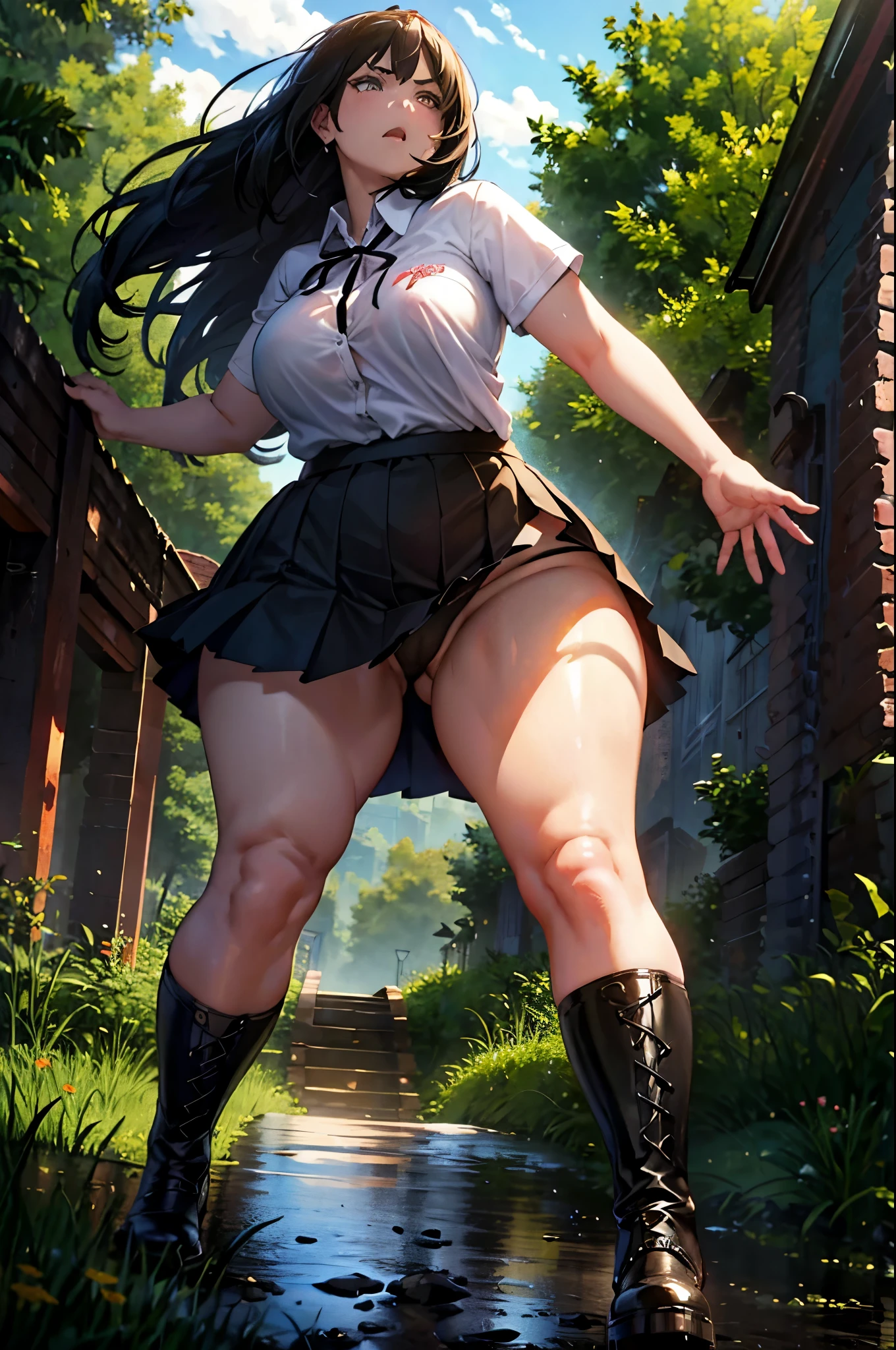 angry thicc curvy body ten women running on the mud, with long hair, wearing pleated skirt and black boots, viewed from below, underwear