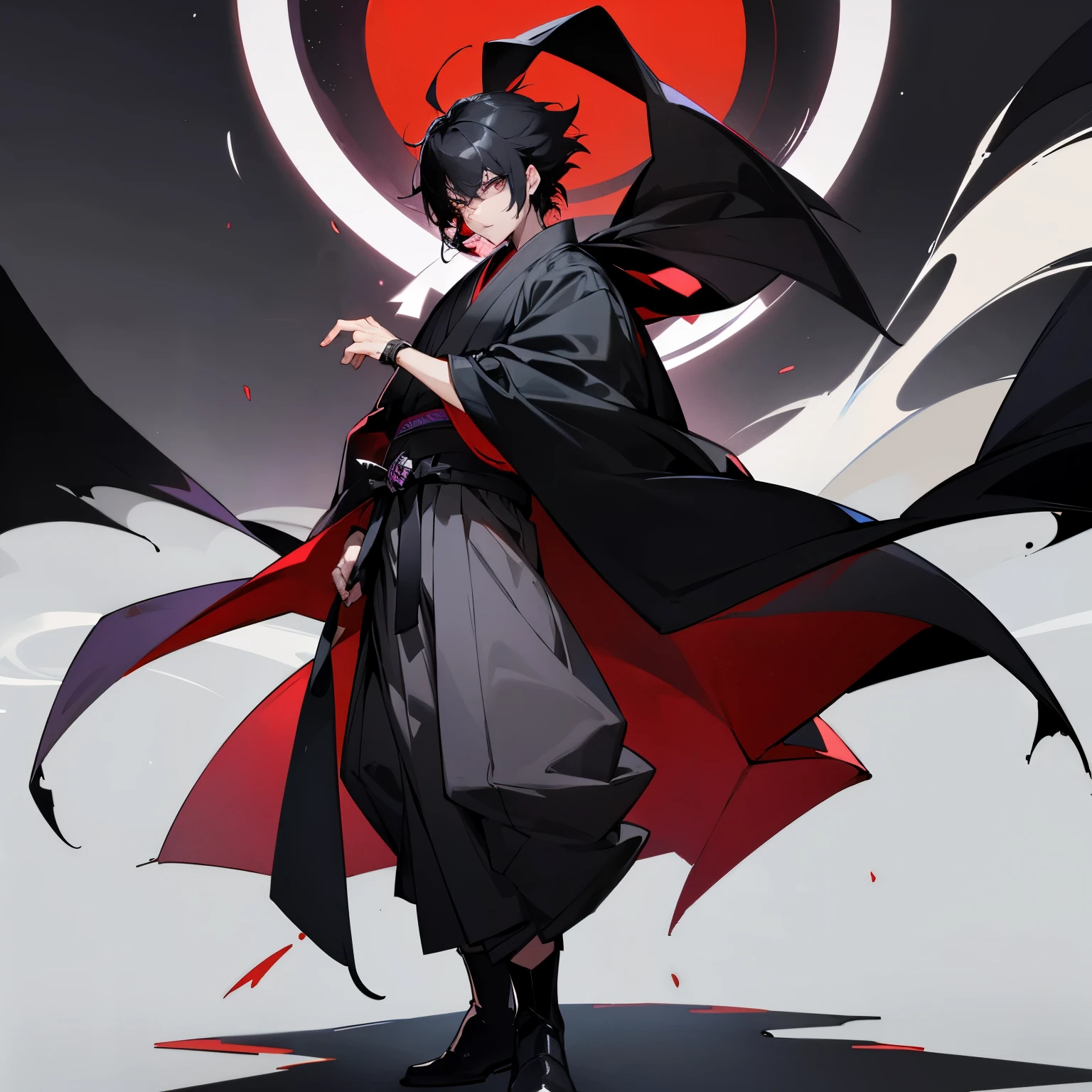 long, spiky black hair with red tips with two chin-length bangs. He wears a purple-and-black hexagonal patterned nagagi kimono and black umanori-styled hakama pants tied with a white uwa-obi, but he changed into an western gray suit with a black buckled belt with saggy pants and black boots. Over this, he wears a black cloak similar in appearance to a cape with protruding collars. His body is very muscular, but that is not able to identify unless he is shirtless. His left eye is like a normal human's, but his right eye is different, while his left eye has a white sclera and a dark gray iris and a round pupil, like a human, his right eye has black sclera, white iris and a fissure shaped pupil, like a demon.