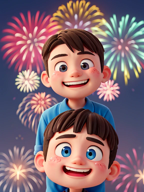 front facing one man with two different sides of the face. the left side of face is the greedy person smiles against the backdrop of a fireworks display. the right side of face looks like a child crying with a war background