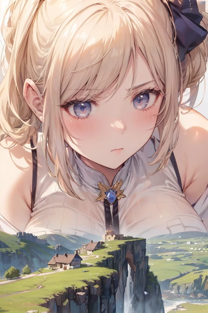 (tiny villages from sky view), hills, cliffs, (from sky view: 1.3), mountains, simple background, (2girls:1.4), (height_difference:1.5), (size_difference:1.5), (giantess:1.3), (adult woman: 1.4), (girl rear view on a cliff below the breasts of a giantess girl: 1.4), (rear_end:1.3), (tall girl: 1.1), professionally drawn, (huge breasts), (cleavage sweat), (anime drawing:1.1), (simple bold lines: 1.1), (anime:1.1), (very cute anime girl), (bright), (low contrast), (prettiest teenage girl), (mature face: 1.4), (tall girl with big breasts: 1.2), (commoner clothing: 1.1)