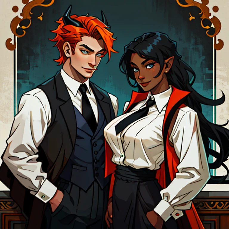Romance between man and woman. Lady with blue eyes. She’s pale and her hair is straight. She has freckles and porcelain skin. She has massive breasts and she’s skinny with a big ass. She wears a black drape that has spaghetti straps and covers only her breasts and crotch area. She numerous black tattoos that read in foreign languages and symbols. She has large black horns and a devil tail. Her hair is long and loose, a bright orange color. - Dark skinned man with straight dark brown hair with grey streaks, mid 30's. Wears a white button up shirt with a black tie and vest. Sweet smile. Anime art style. bright yellow eyes that glow.