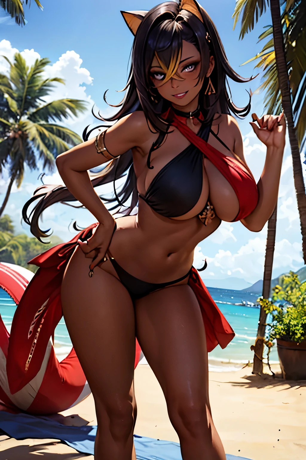 masterpiece,best quality,studio lighting,dehya, dark skin,seductive pose, glowing eyes, perfect face, perfect hands, detailed lips, detailed nose, detailed eyes, (huge breasts), confident smile,sling bikini, topless sunbathing, beach scenery