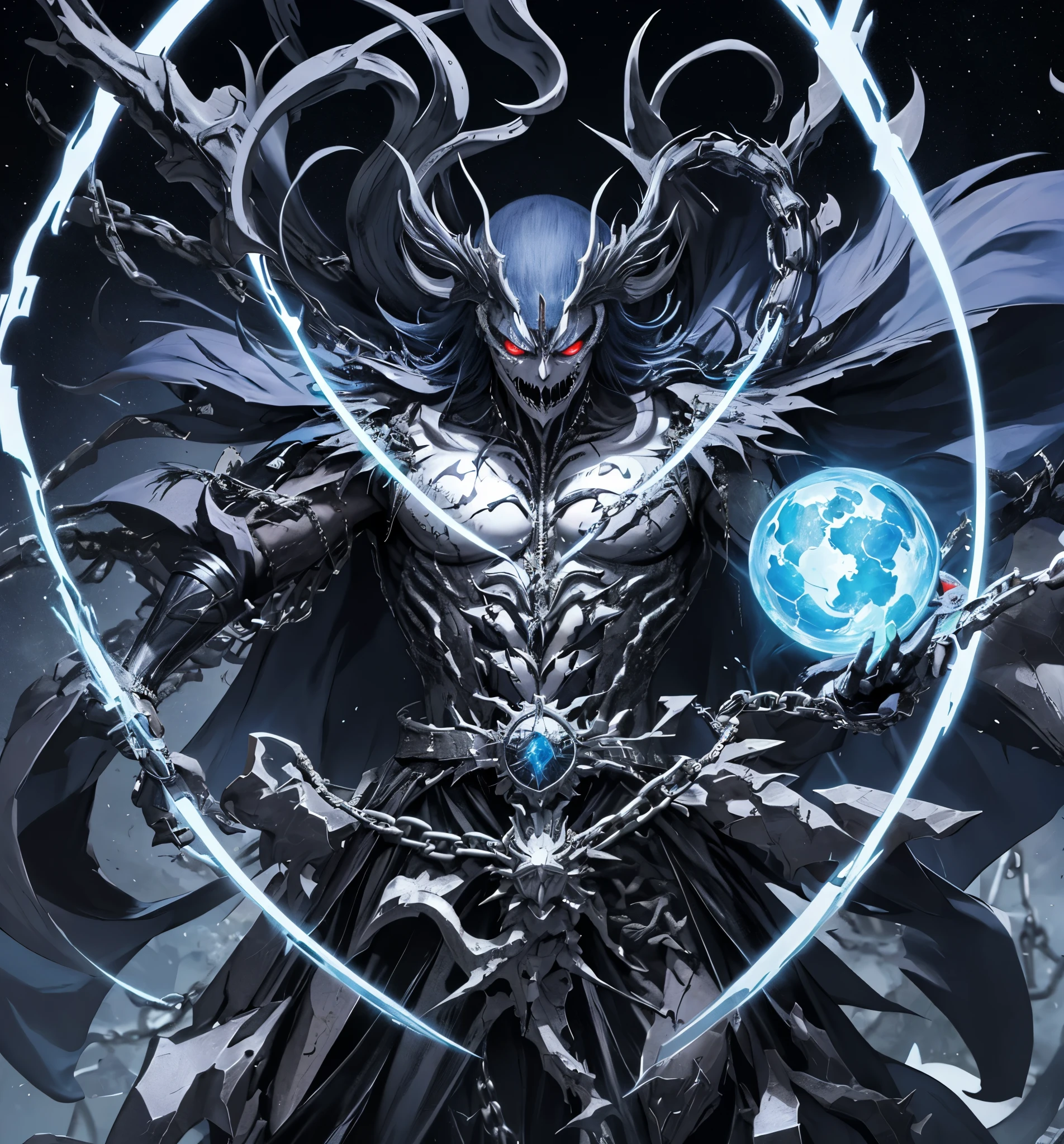 personaje de anime con cadenas y cadenas alrededor del cuello, Badass Anime 8K, Mejor fondo de pantalla de Anime 4K Konachan, epic anime style, esqueleto encadenado, Este personaje tiene crioquinesis, an epic anime of an energy man, chaos nightmare ❄️ amour venom, Trigger anime artstyle, Albedo del anime Overlord, the the man is wrapped in chains