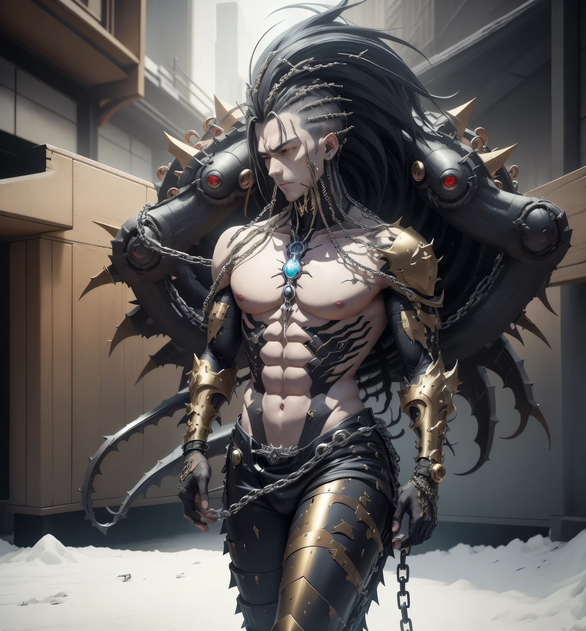 personaje de anime con cadenas y cadenas alrededor del cuello, Badass Anime 8K, Mejor fondo de pantalla de Anime 4K Konachan, epic anime style, esqueleto encadenado, Este personaje tiene crioquinesis, an epic anime of an energy man, chaos nightmare ❄️ amour venom, Trigger anime artstyle, Albedo del anime Overlord, the the man is wrapped in chains