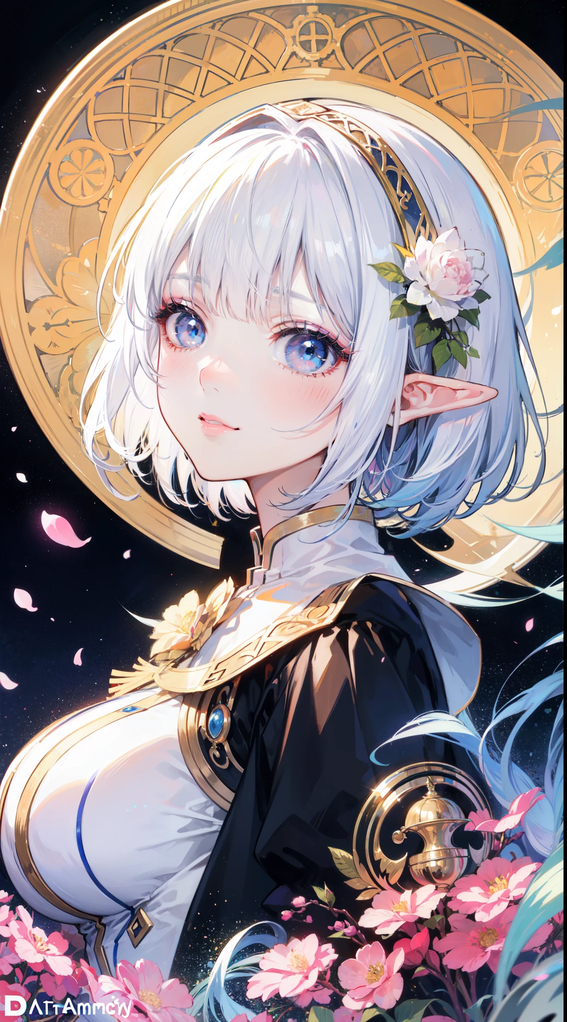 tarot card layout，Best quality, Masterpiece, (Realistic:0.6), Realistic lighting,Flower frame， Decorative panels， abstract artistic， Alphonse Mucha, （Art Nouveau， A high resolution： 1.4）， A detailed， Complicated details， 4K，Wheel of Fortune，golden colored，Solid, BREAK,  highly detailed of (elf), (1girl), solo, big breast, perfect face, details eye, Bob cut hair, Blunt bangs, (hair between eye), white hair, blue eyes, in the style art by Artgerm, by Kawacy, by Yoshitaka Amano, BREAK,  lips, eyelashes, makeup, eyeshadow, pink eyeshadow, pink lips, smile, blush