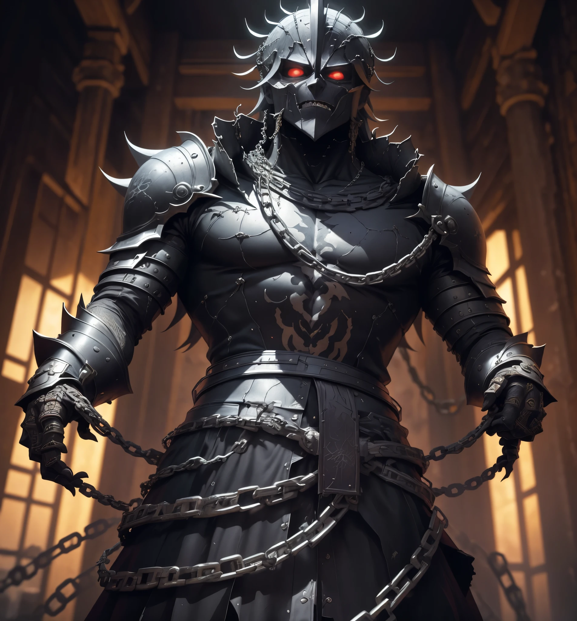 personaje de anime con cadenas y cadenas alrededor del cuello, Badass Anime 8K, Mejor fondo de pantalla de Anime 4K Konachan, epic anime style, esqueleto encadenado, Este personaje tiene crioquinesis, an epic anime of an energy man, chaos nightmare ❄️ amour venom, Trigger anime artstyle, Albedo del anime Overlord, the the man is wrapped in chains