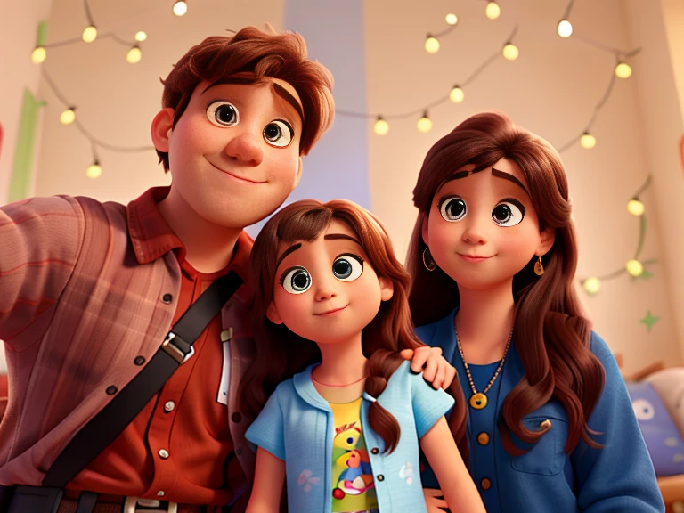 A Disney Pixar-style family, alta qualidade, melhor qualidade, little girl with blue eyes, add "feliz 2024" com uma letra estilizada na parte de baixo da imagem