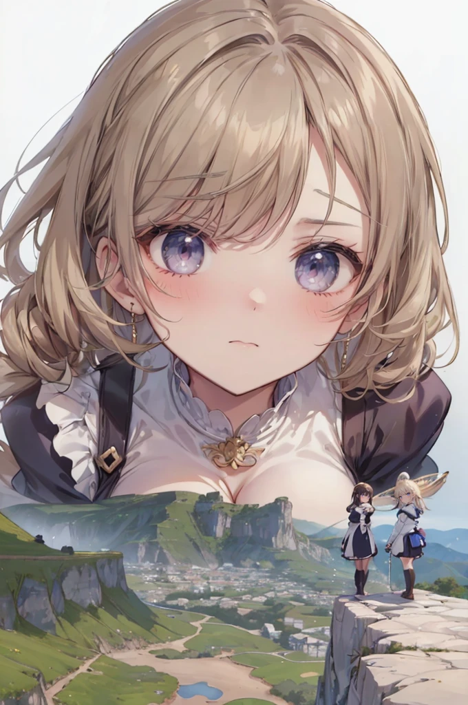 (tiny villages from sky view), hills, cliffs, (from sky view: 1.3), mountains, simple background, (2girls:1.4), (height_difference:1.5), (size_difference:1.5), (giantess:1.3), (adult woman: 1.4), (girl rear view on a cliff below the breasts of a giantess girl: 1.4), (rear_end:1.3), (tall girl: 1.1), professionally drawn, (huge breasts), (cleavage sweat), (anime drawing:1.1), (simple bold lines: 1.1), (anime:1.1), (very cute anime girl), (bright), (low contrast), (prettiest teenage girl), (mature face: 1.4), (tall girl with big breasts: 1.2), :D, (commoner clothing: 1.1)