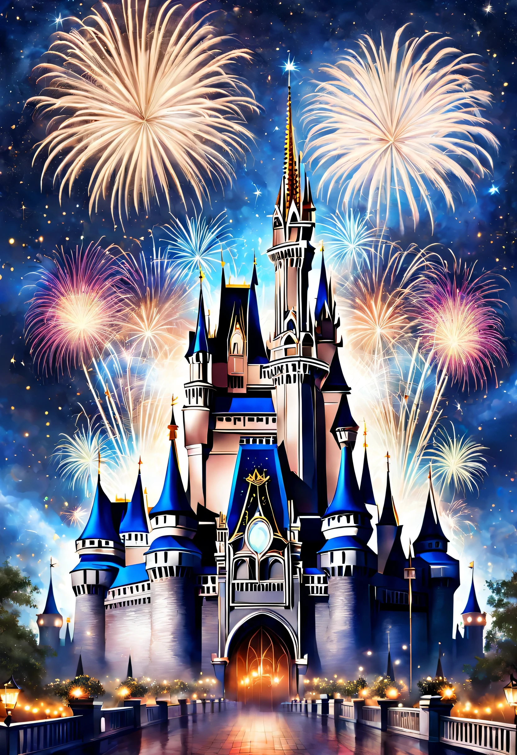 Cinderella's Castle, Fireworks, Happy New Year, (best composition), (masutepiece), (Best Quality), (ultra high detail)