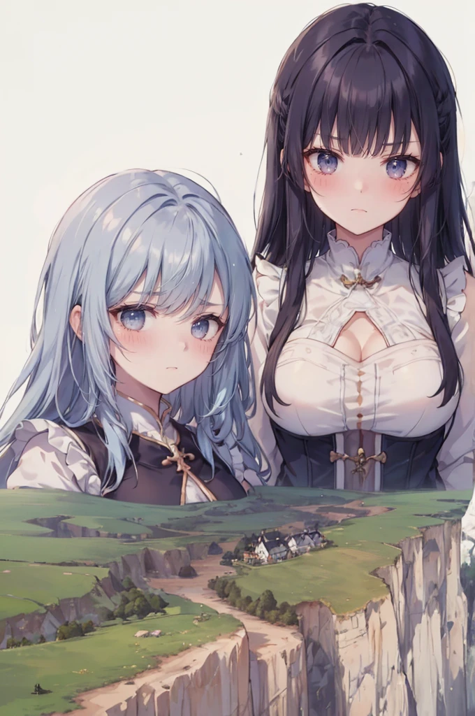 (2girls:1.3), (yuri:1.3), they embrace each other, (height_difference:1.2), cliffs, hills, rivers, mountains
(village from above: 1.2),
huge (breasts), (tall:1.1), (giantess:1.2), happy, blushing, Demon girl, long tongue, (a tiny village from above: 1.2), blushing,>:D, happy. :o, shiny skin, sweaty, horns, demon girl,